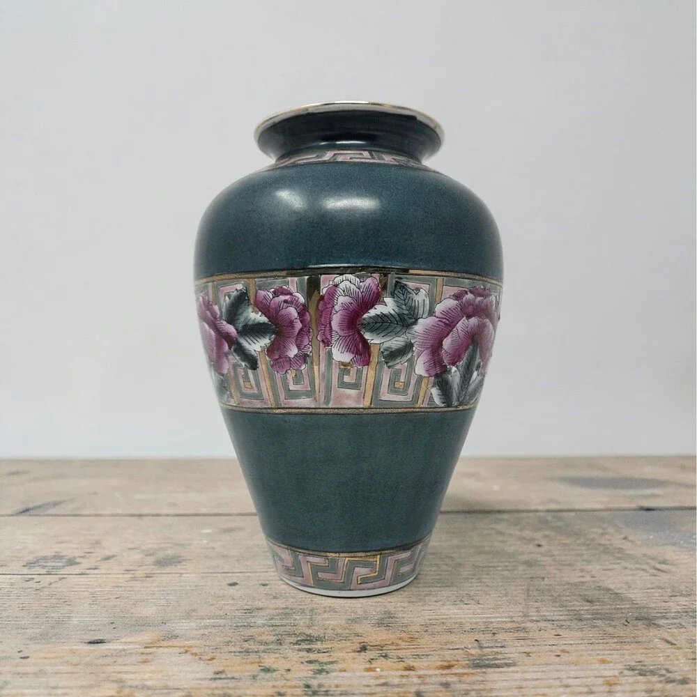 Vintage Japanese Style Porcelain‎ Vase Green Cloisonne Look Pink Floral 10